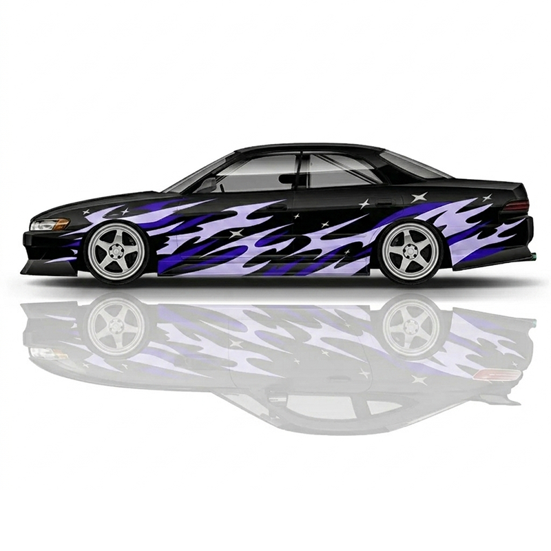 Premium Universal Drift Car Livery Flames and Stars featuring bold flame graphics, star accents, racing decals, and JDM-inspired wrap artwork for drift cars, tuner builds, and show vehicles.