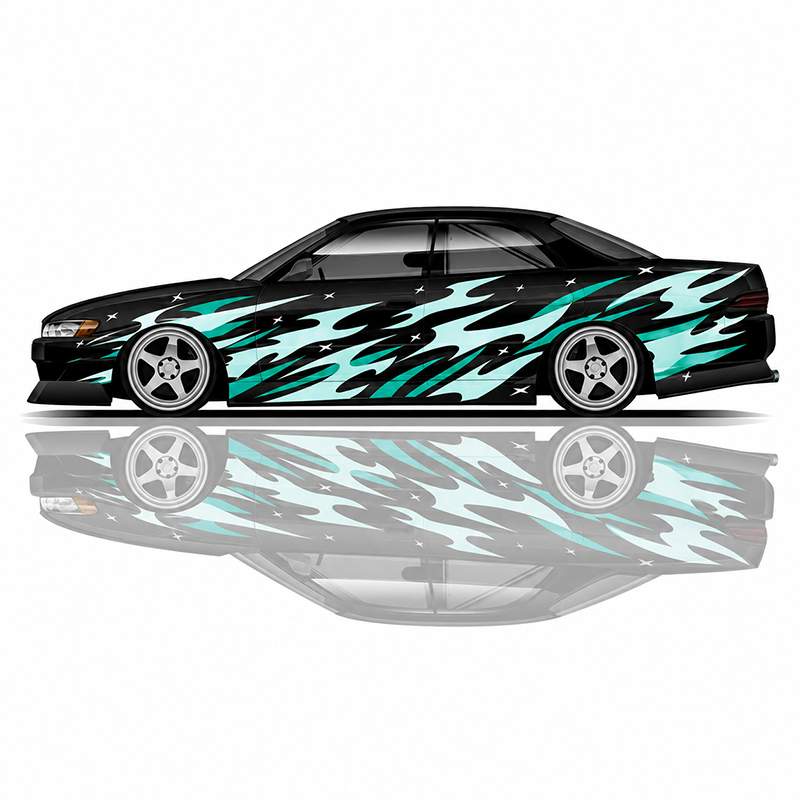 Premium Universal Drift Car Livery Flames and Stars featuring bold flame graphics, star accents, racing decals, and JDM-inspired wrap artwork for drift cars, tuner builds, and show vehicles.