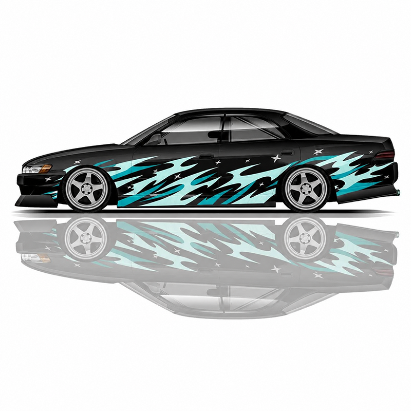 Premium Universal Drift Car Livery Flames and Stars featuring bold flame graphics, star accents, racing decals, and JDM-inspired wrap artwork for drift cars, tuner builds, and show vehicles.