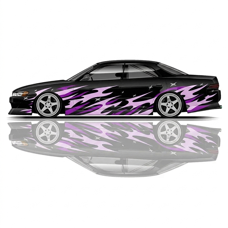 Premium Universal Drift Car Livery Flames and Stars featuring bold flame graphics, star accents, racing decals, and JDM-inspired wrap artwork for drift cars, tuner builds, and show vehicles.