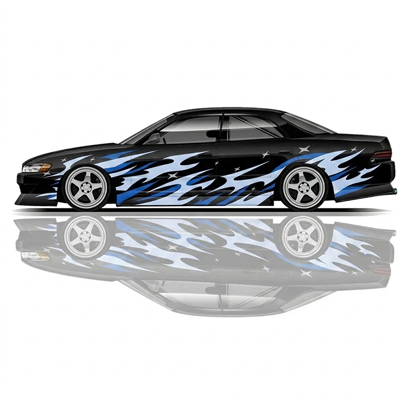 Premium Universal Drift Car Livery Flames and Stars featuring bold flame graphics, star accents, racing decals, and JDM-inspired wrap artwork for drift cars, tuner builds, and show vehicles.