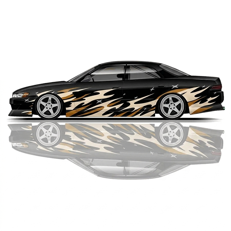 Premium Universal Drift Car Livery Flames and Stars featuring bold flame graphics, star accents, racing decals, and JDM-inspired wrap artwork for drift cars, tuner builds, and show vehicles.