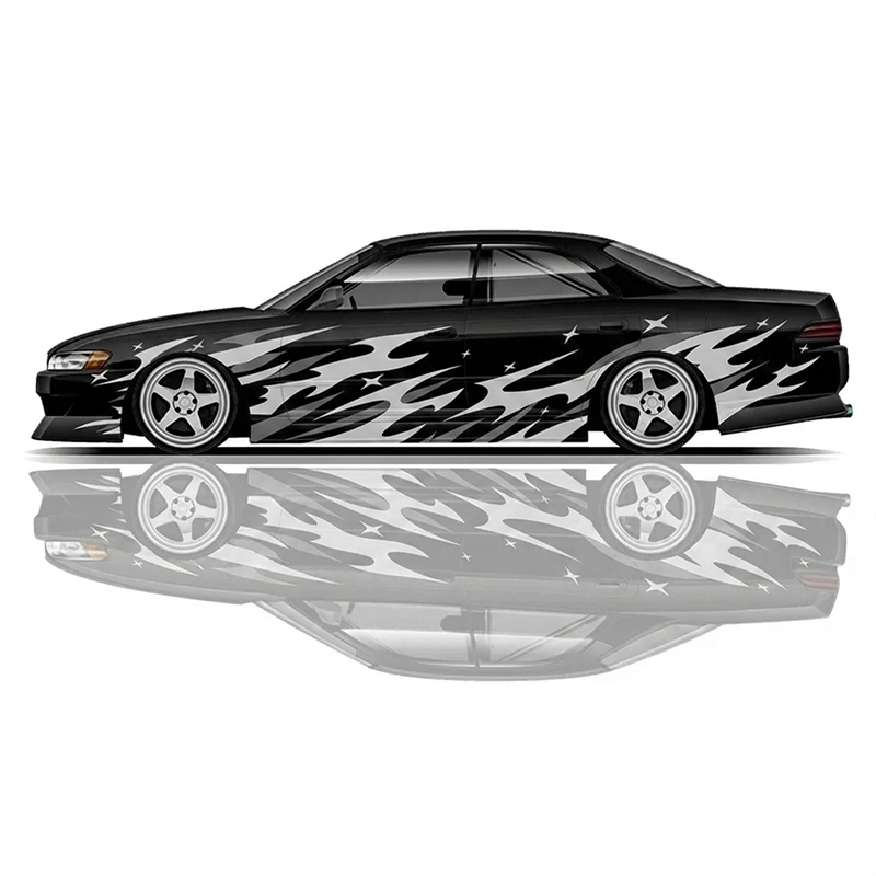 Premium Universal Drift Car Livery Flames and Stars featuring bold flame graphics, star accents, racing decals, and JDM-inspired wrap artwork for drift cars, tuner builds, and show vehicles.
