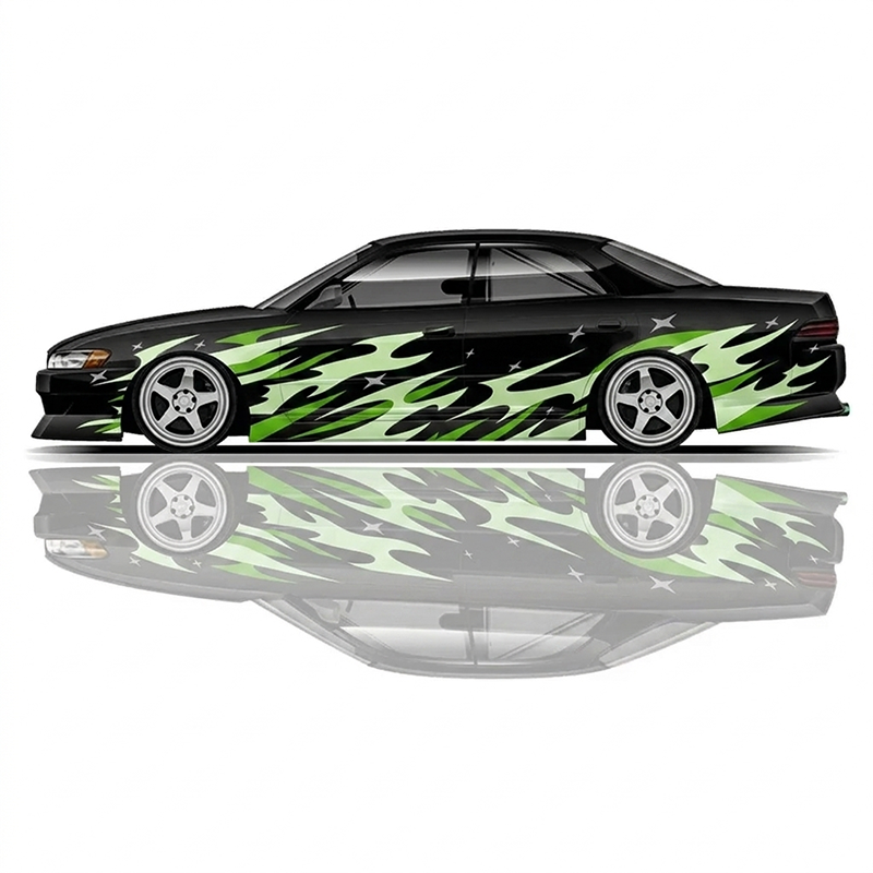 Premium Universal Drift Car Livery Flames and Stars featuring bold flame graphics, star accents, racing decals, and JDM-inspired wrap artwork for drift cars, tuner builds, and show vehicles.