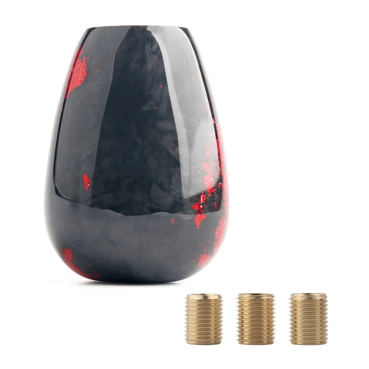 Black resin JDM shift knobs with metallic gold and red accents in round and ergonomic shapes