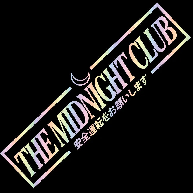  Midnight Club windshield sticker with crescent moon and Japanese text on a sports car