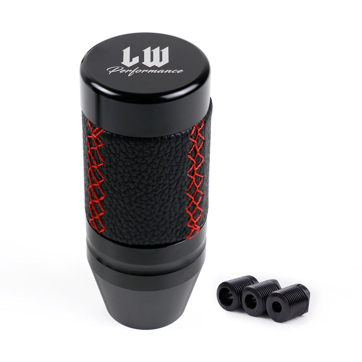 Black leather-style JDM manual shift knob with red stitching and performance design