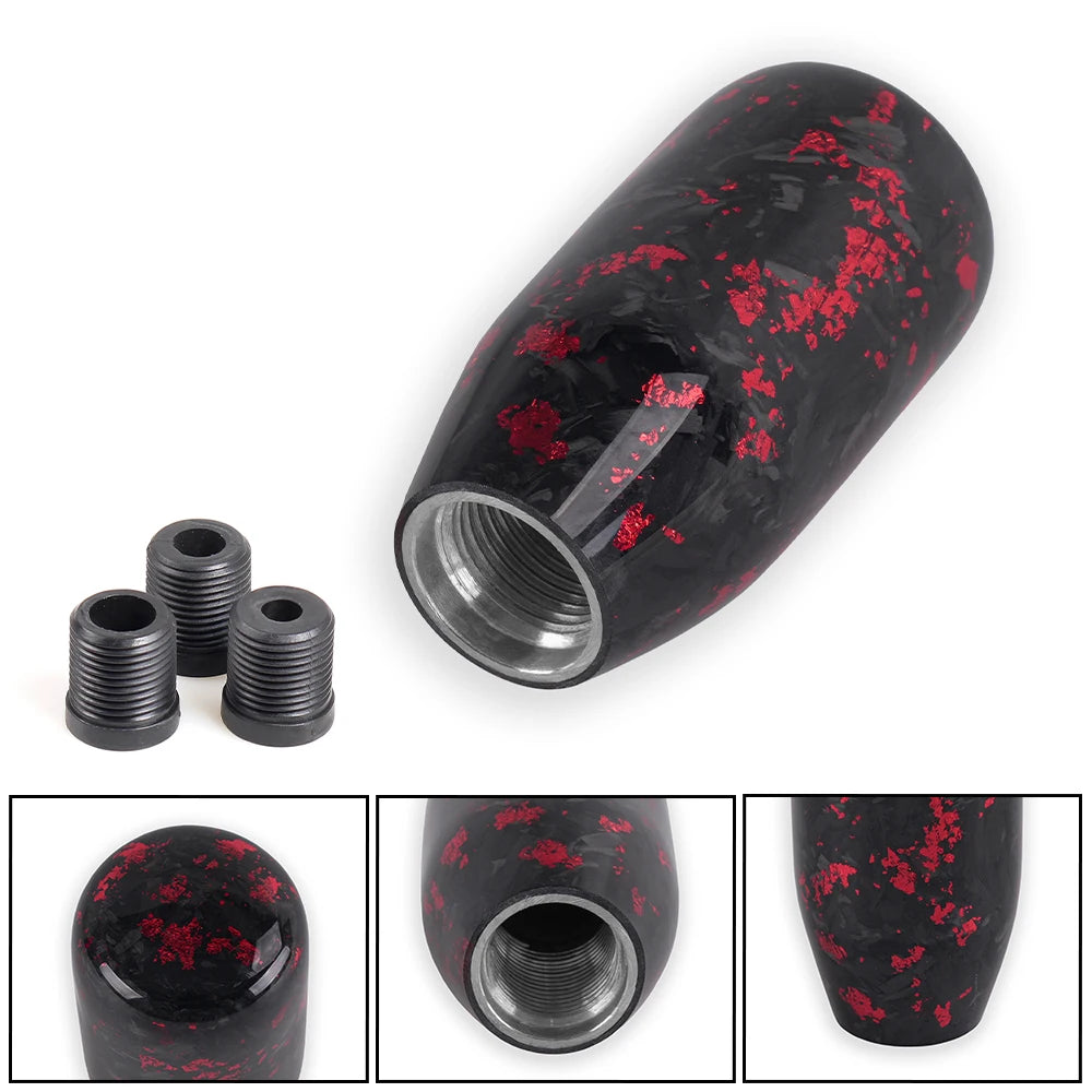 Black and red JDM resin-style manual shift knob with threaded adapters and multiple design options