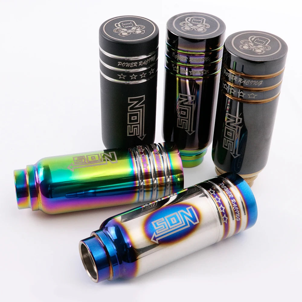 JDM racing manual shift knobs in black, chrome, and rainbow finishes with engraved graphics
