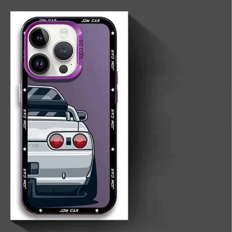 JDM phone cases featuring Japanese tuner car artwork with Skyline, Silvia, and Lancer-inspired designs