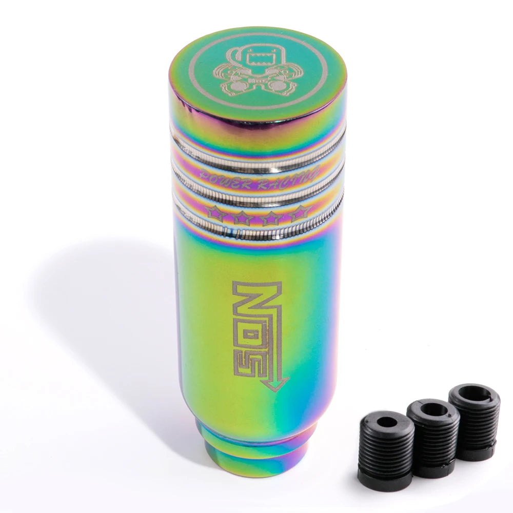 JDM racing manual shift knobs in black, chrome, and rainbow finishes with engraved graphics