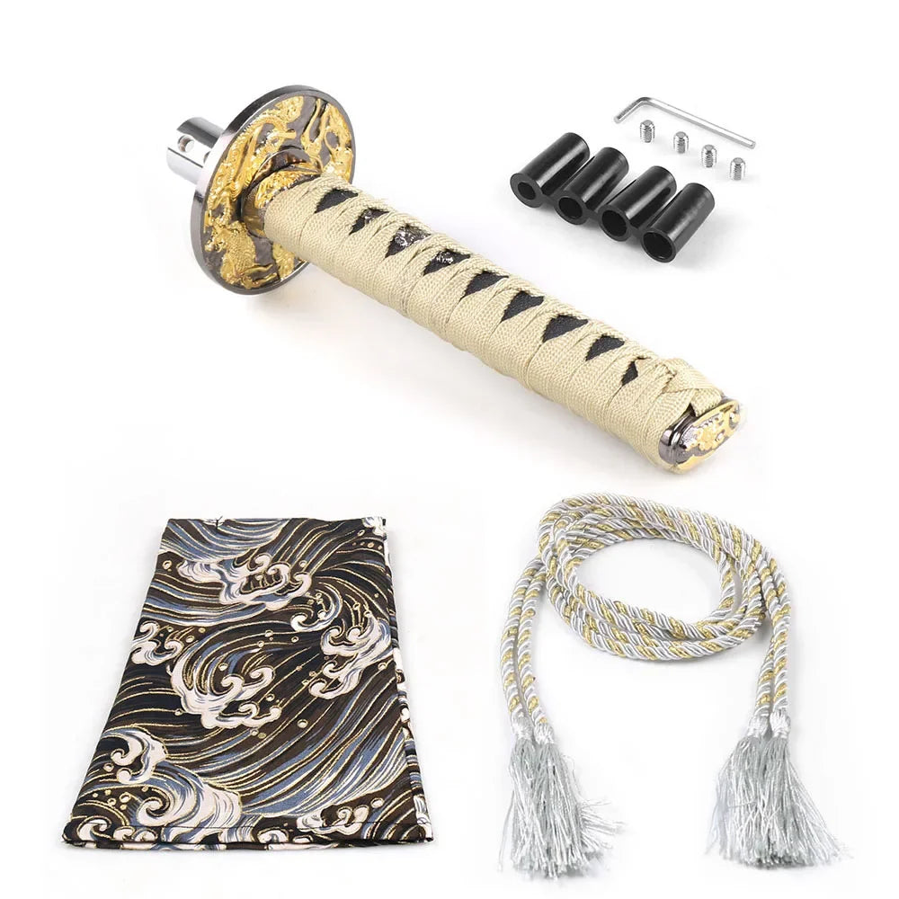 Japanese katana style manual shift knobs with wrapped handles in red black beige and blue