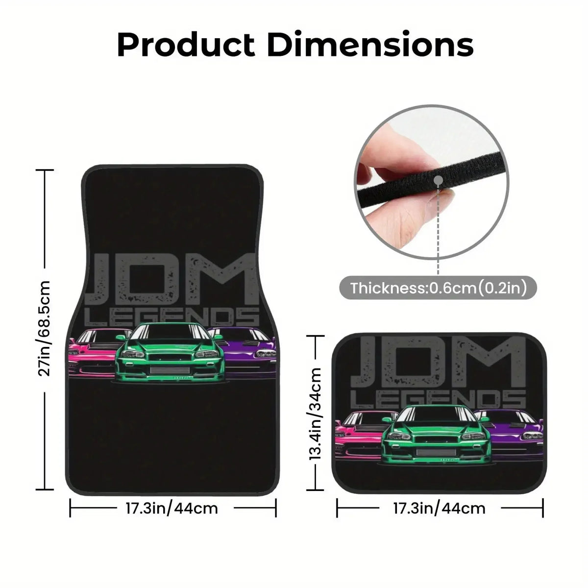 JDM Legends car floor mats featuring colorful Japanese sports cars on a black background inside a vehicle interior