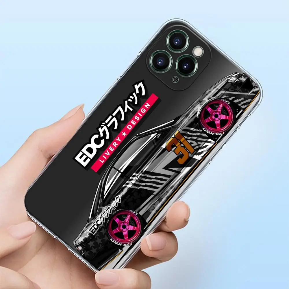 JDM racing phone cases featuring colorful Japanese tuner car artwork and modified sports car designs