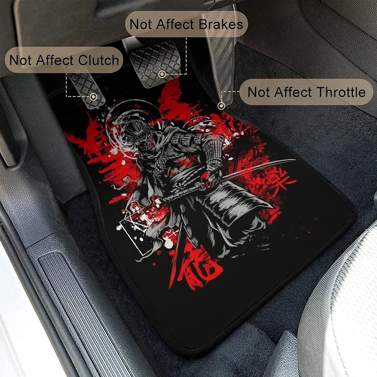 Black car floor mats featuring a bold red and white Japanese samurai warrior design, front and rear set