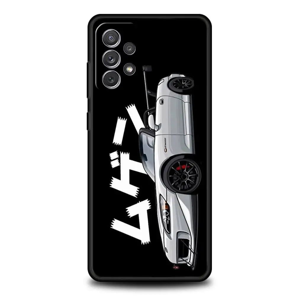 White JDM car phone case featuring Japanese sports car graphics