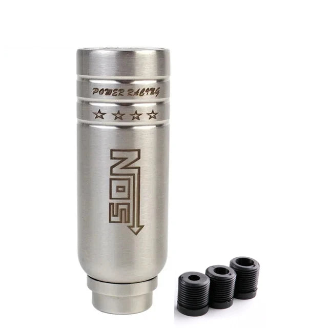 JDM racing manual shift knobs in black, chrome, and rainbow finishes with engraved graphics