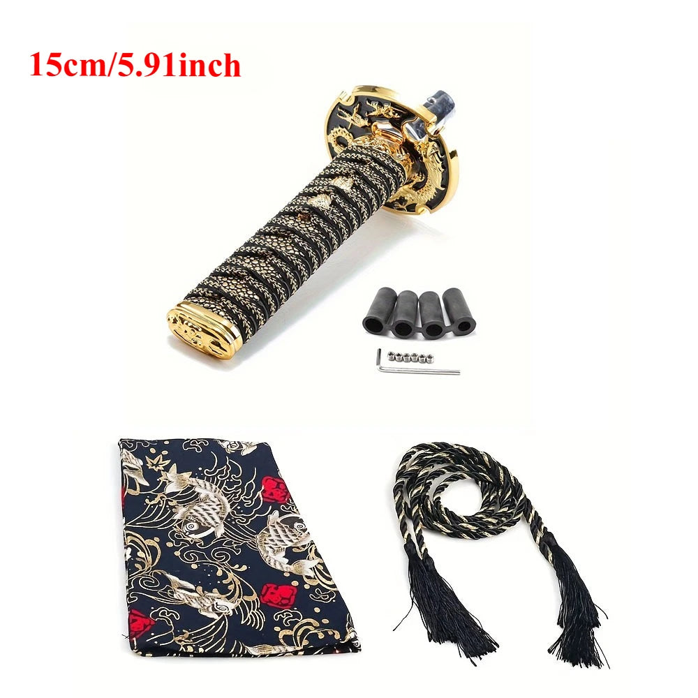 Samurai katana style manual shift knob with wrapped black and red grip installed in a car interior