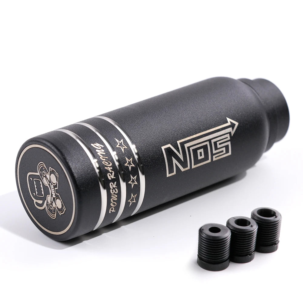 JDM racing manual shift knobs in black, chrome, and rainbow finishes with engraved graphics