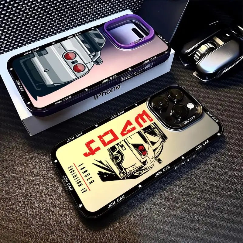JDM phone cases featuring Japanese tuner car artwork with Skyline, Silvia, and Lancer-inspired designs