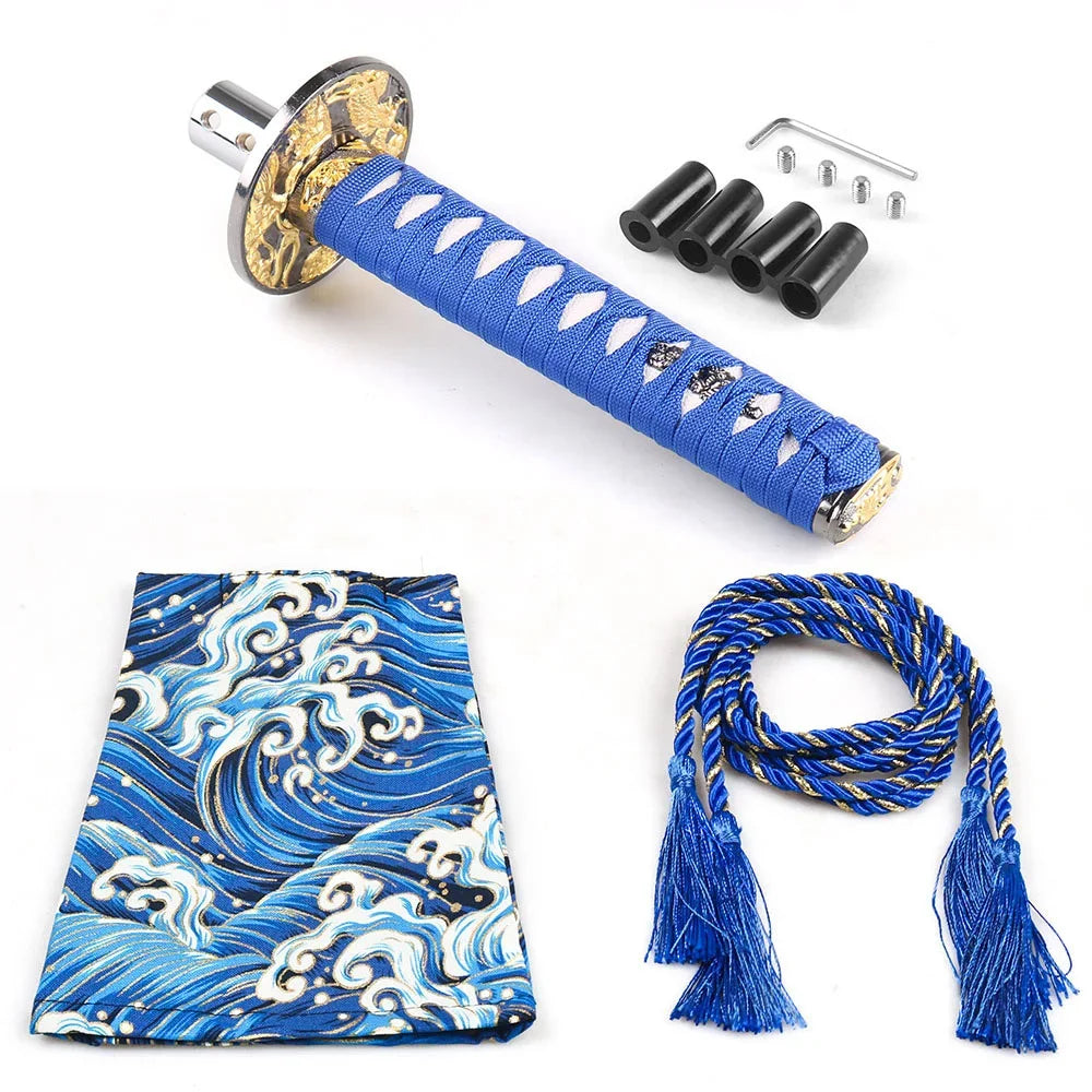 Japanese katana style manual shift knobs with wrapped handles in red black beige and blue