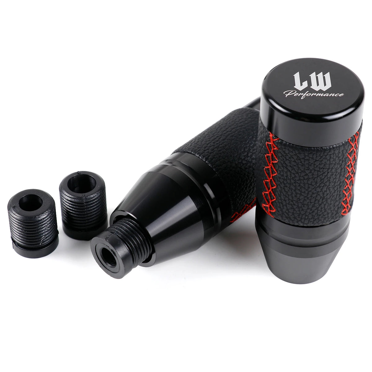 Black leather-style JDM manual shift knob with red stitching and performance design