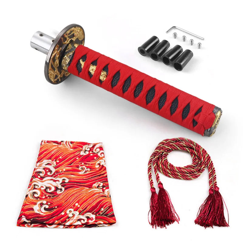 Japanese katana style manual shift knobs with wrapped handles in red black beige and blue
