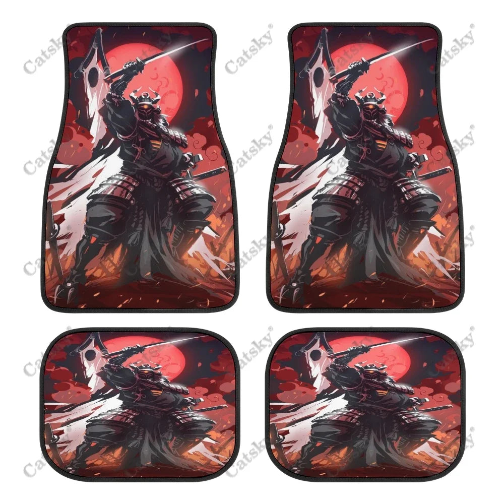 Black car floor mats featuring a bold red and white Japanese samurai warrior design, front and rear set