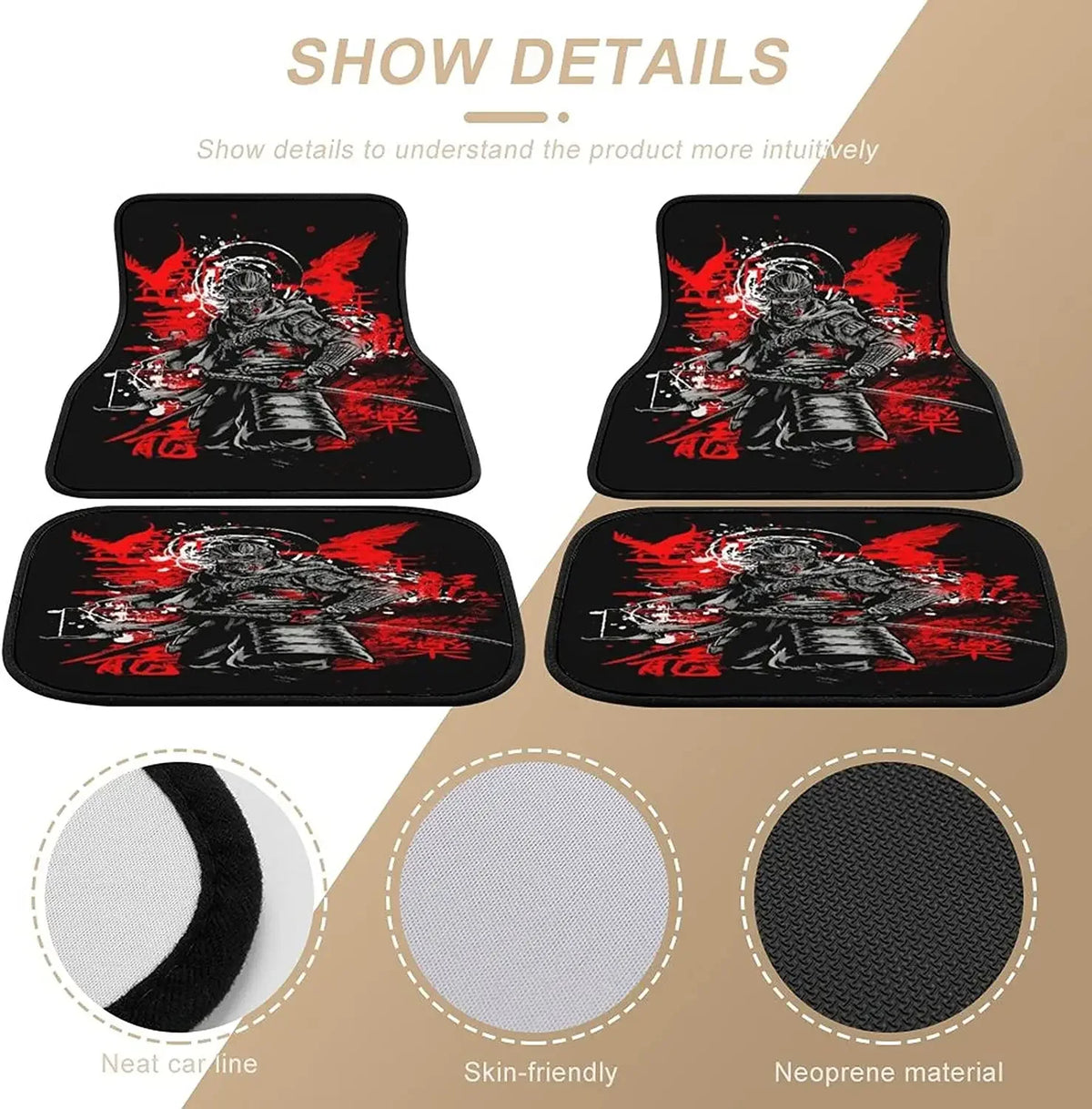 Black car floor mats featuring a bold red and white Japanese samurai warrior design, front and rear set