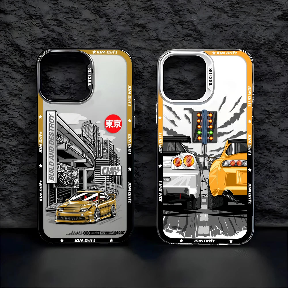 JDM drift phone cases featuring Japanese street racing artwork, performance cars, and mountain-inspired graphics