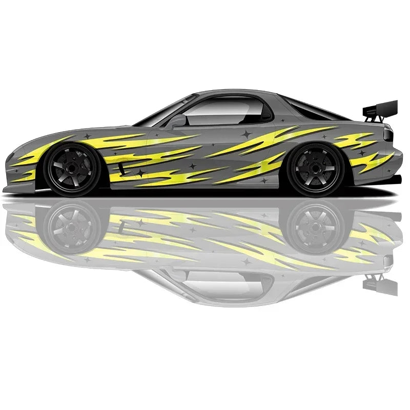Premium Universal Drift Car Liveries Flame Streaks featuring bold flame graphics, racing decals, and JDM-inspired wrap artwork for drift cars, tuner builds, track cars, and show vehicles.