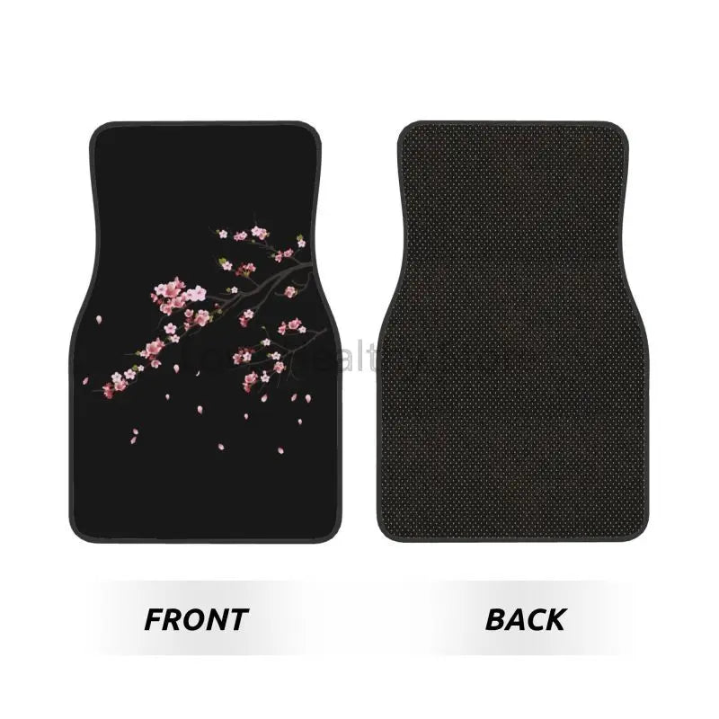 Black car floor mats with pink Japanese cherry blossom sakura design, front and rear set