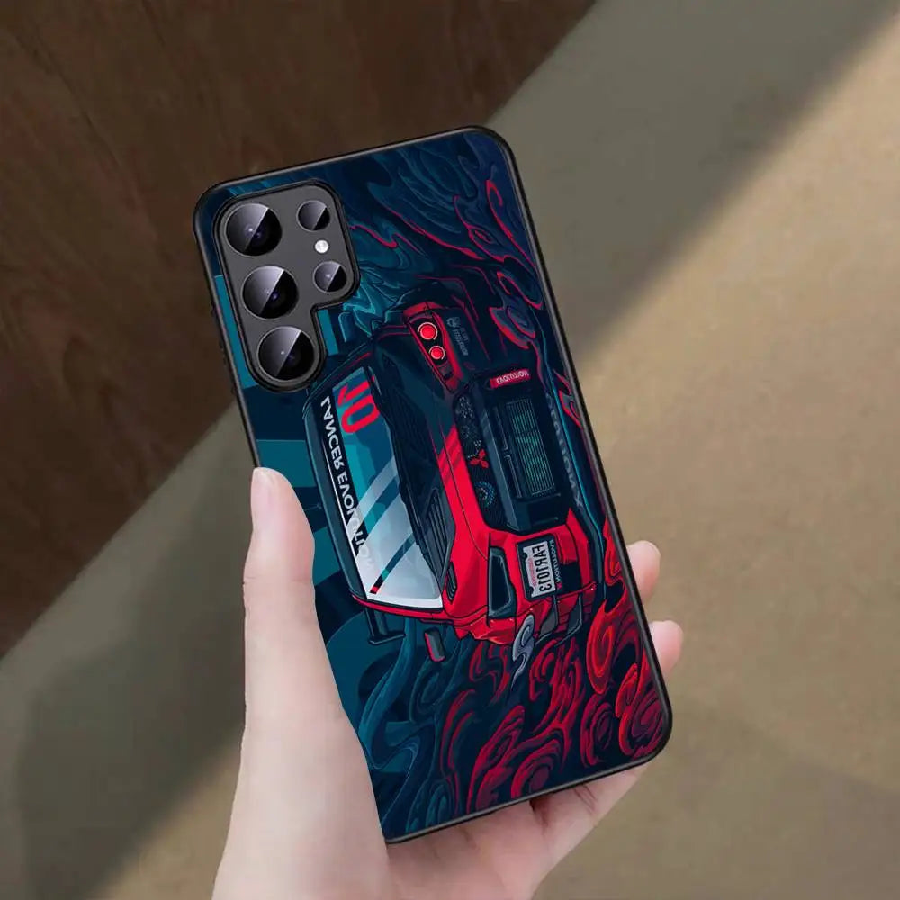 JDM-inspired sports car phone cases featuring colorful blue and pink racing artwork
