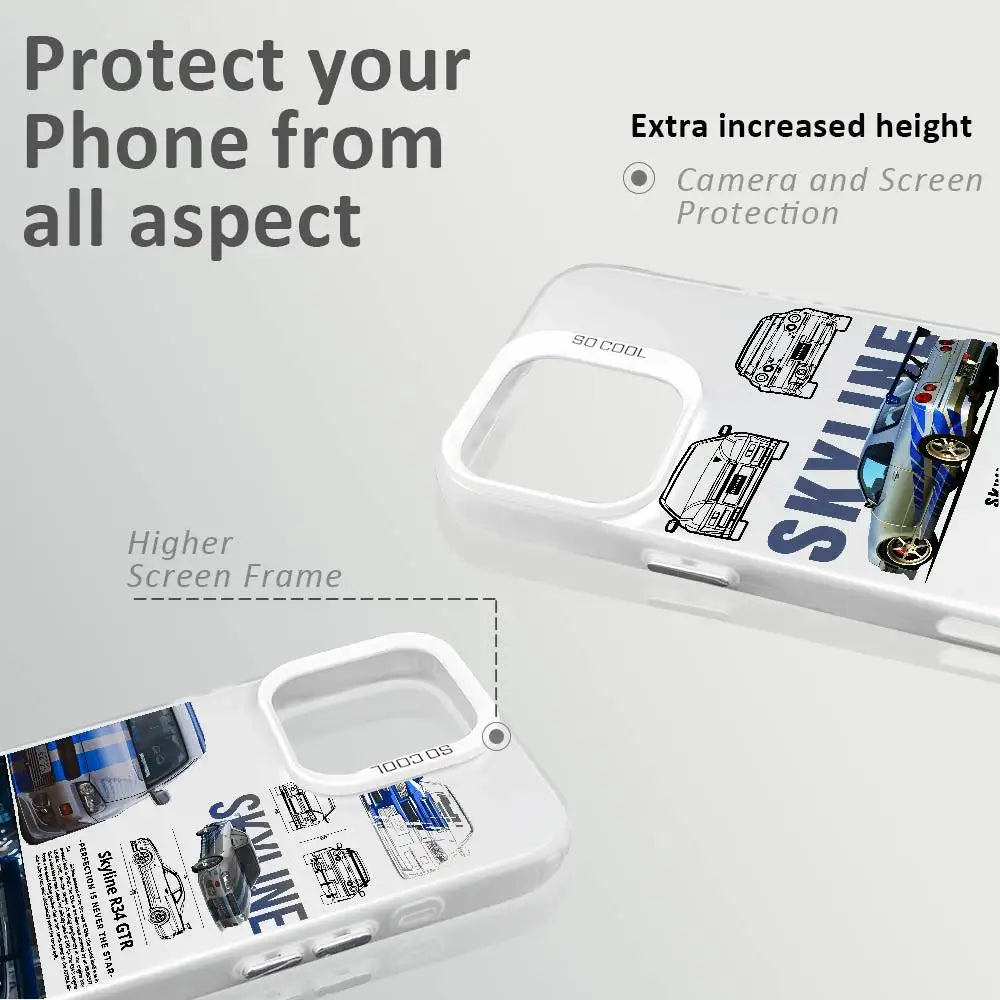 Nissan Skyline R34 phone cases featuring blue and purple JDM car artwork, technical illustrations, and automotive photography