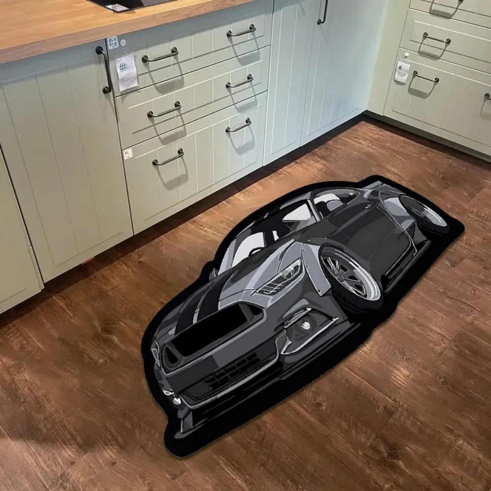 Gray 3D sports car area rug featuring a detailed performance car design on a modern wood floor