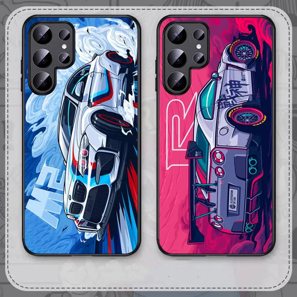JDM-inspired sports car phone cases featuring colorful blue and pink racing artwork