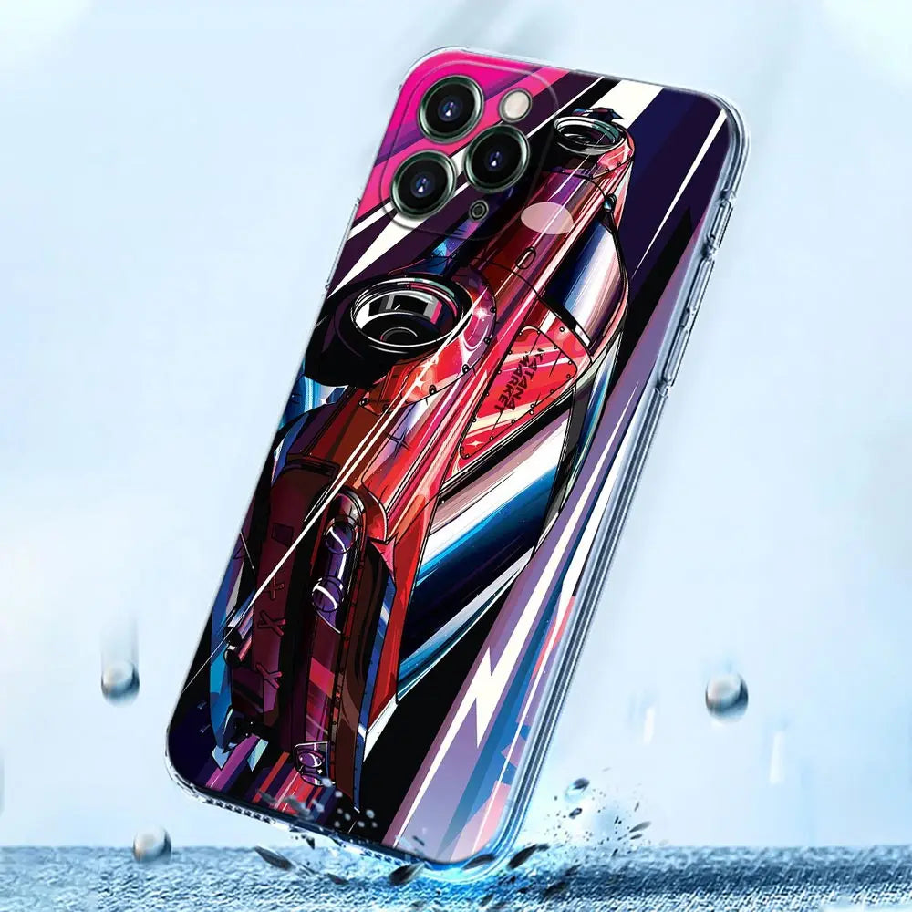 JDM racing phone cases featuring colorful Japanese tuner car artwork and modified sports car designs