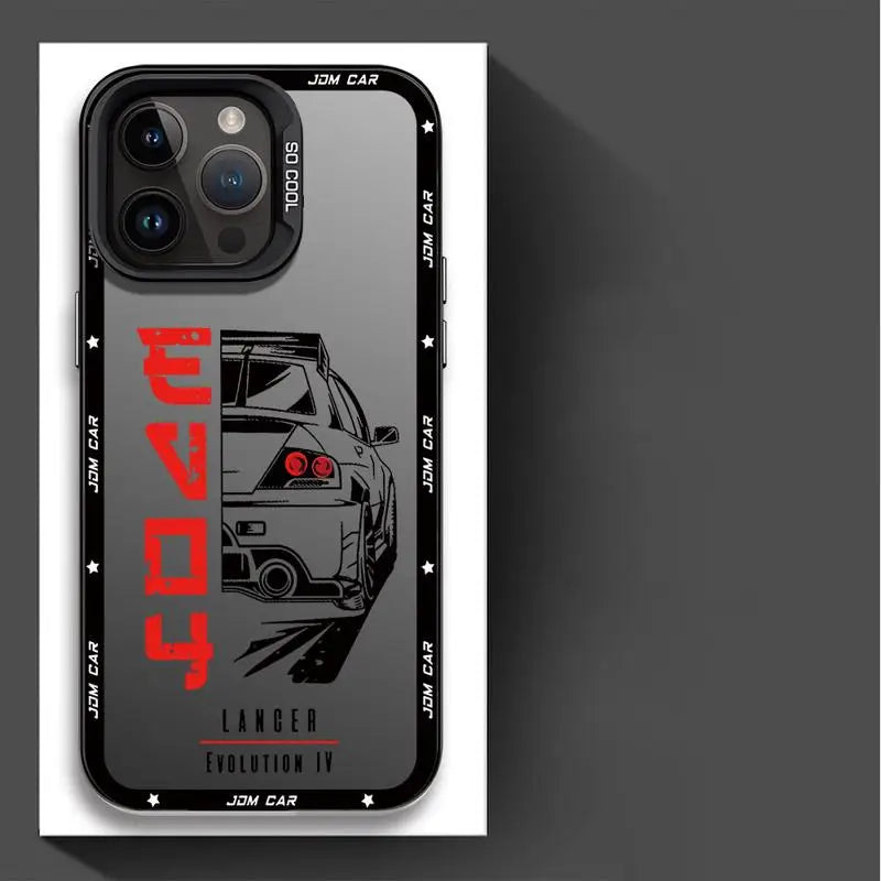 JDM phone cases featuring Japanese tuner car artwork with Skyline, Silvia, and Lancer-inspired designs