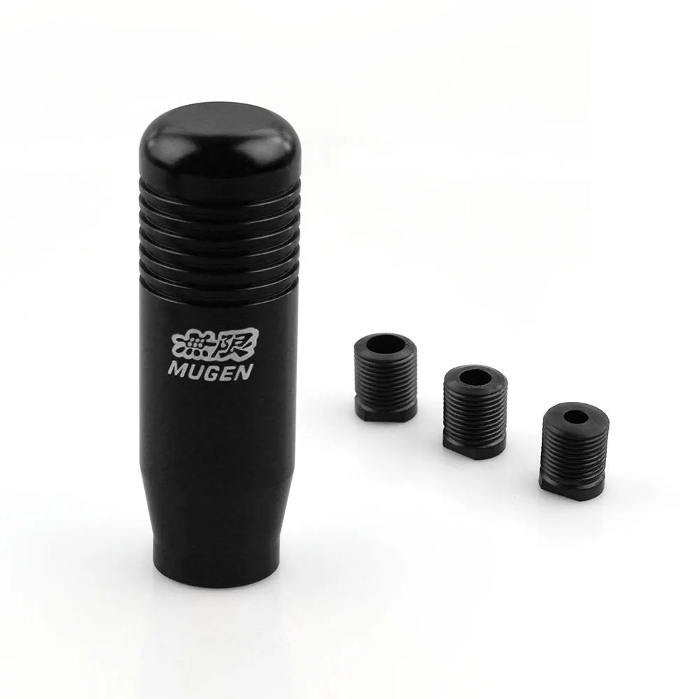 Mugen style JDM manual shift knobs in red, black, silver, blue, and rainbow finishes