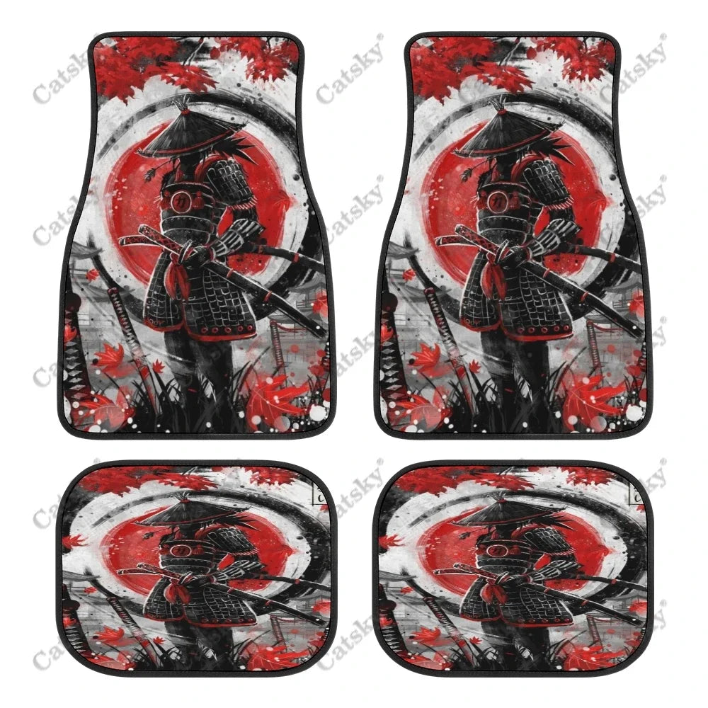 Black car floor mats featuring a bold red and white Japanese samurai warrior design, front and rear set
