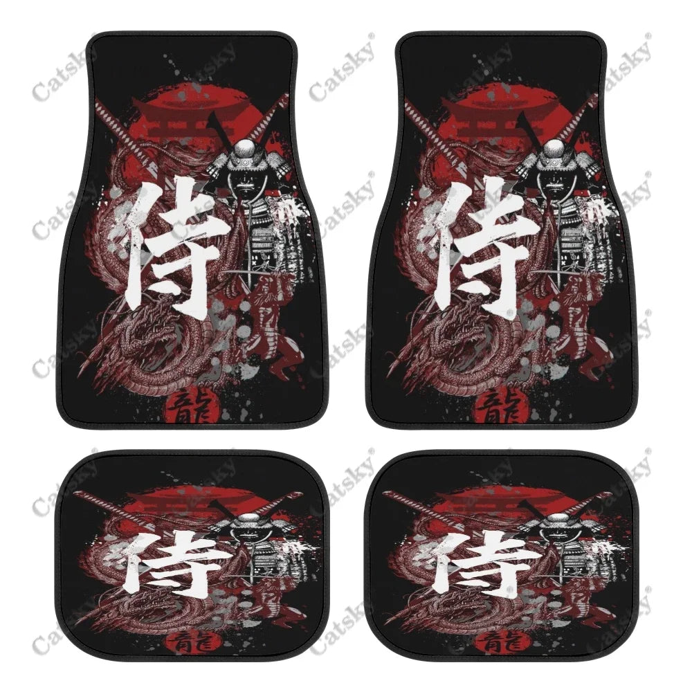 Black car floor mats featuring a bold red and white Japanese samurai warrior design, front and rear set