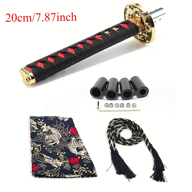 Samurai katana style manual shift knob with wrapped black and red grip installed in a car interior