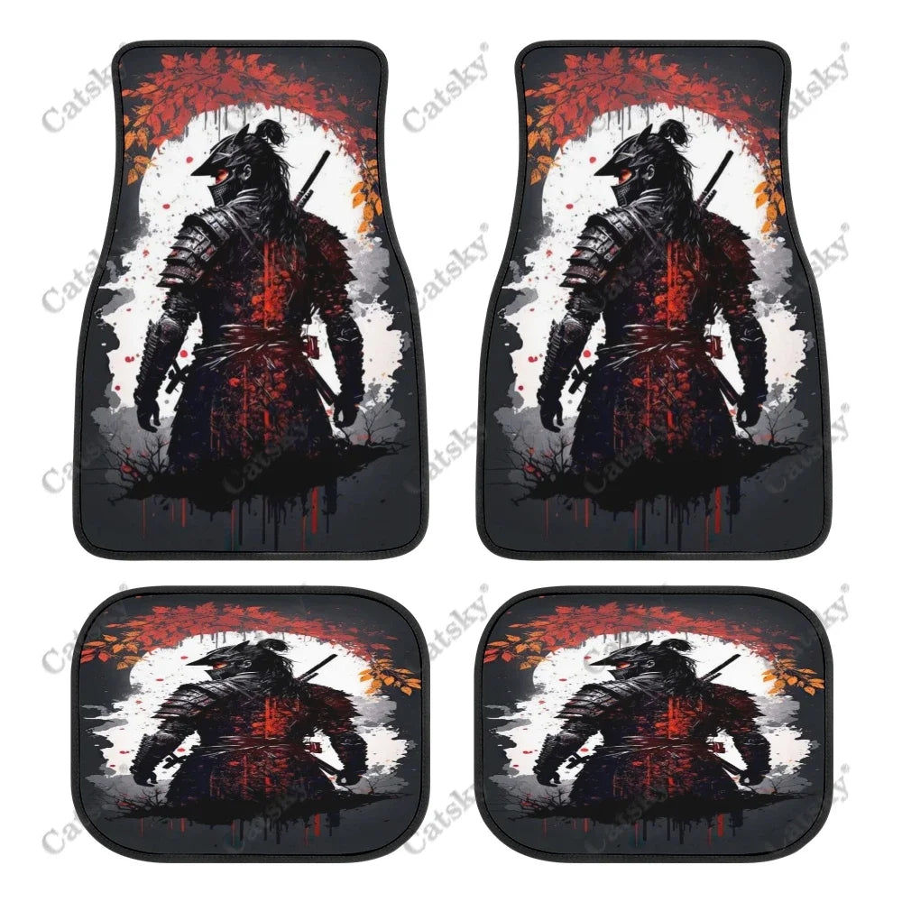 Black car floor mats featuring a bold red and white Japanese samurai warrior design, front and rear set