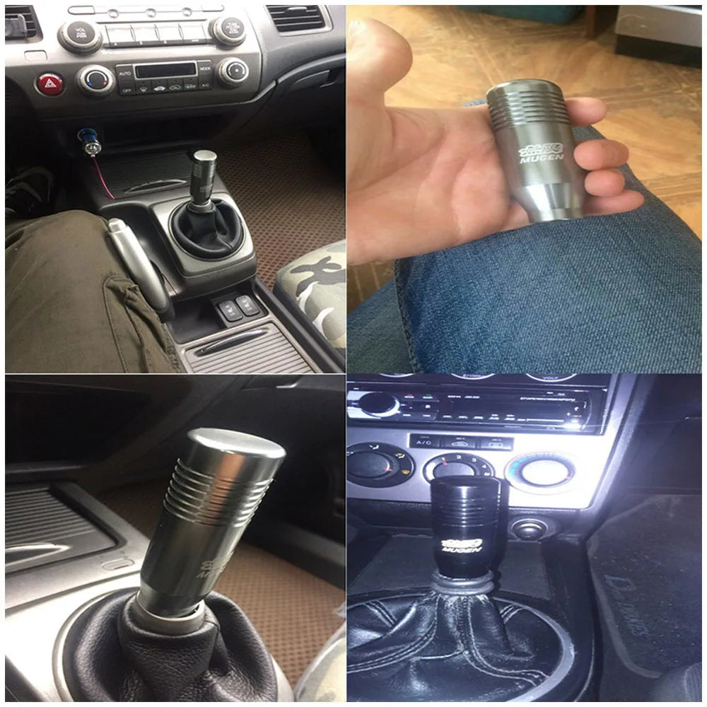 Mugen style JDM manual shift knobs in red, black, silver, blue, and rainbow finishes