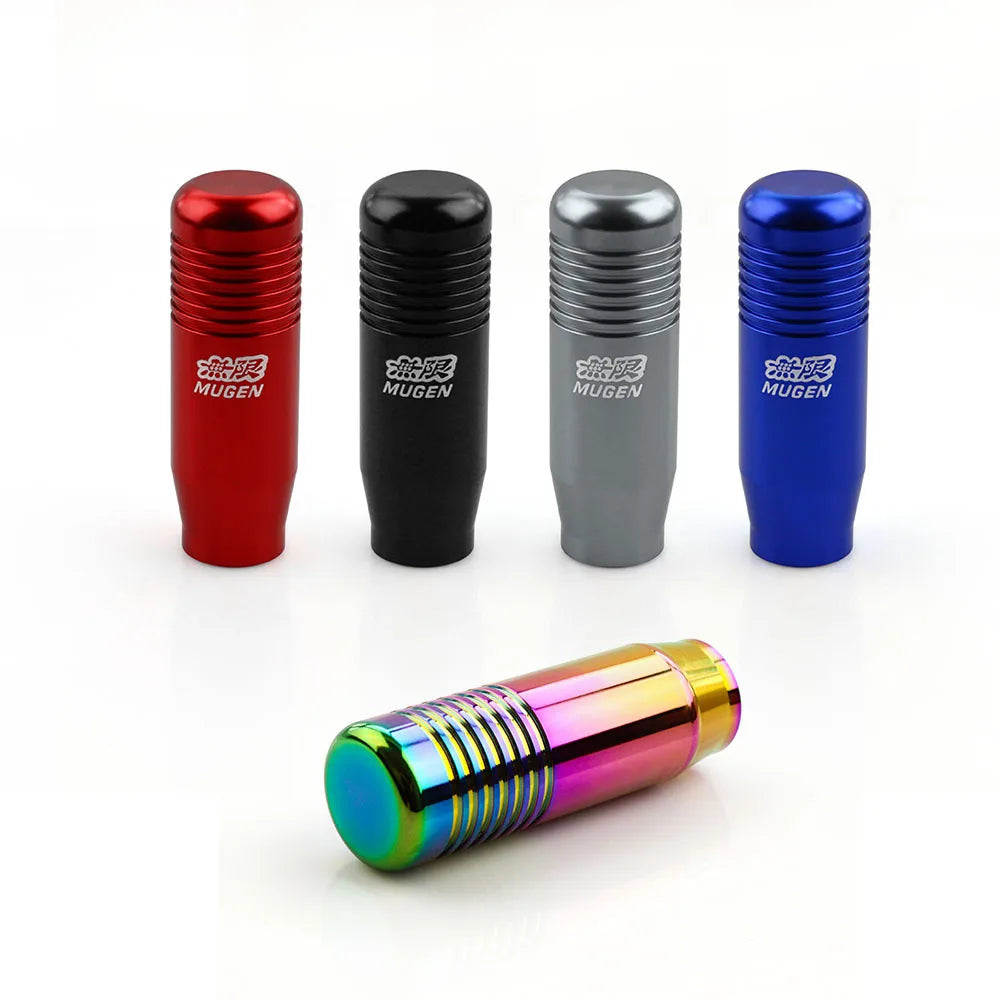 Mugen style JDM manual shift knobs in red, black, silver, blue, and rainbow finishes