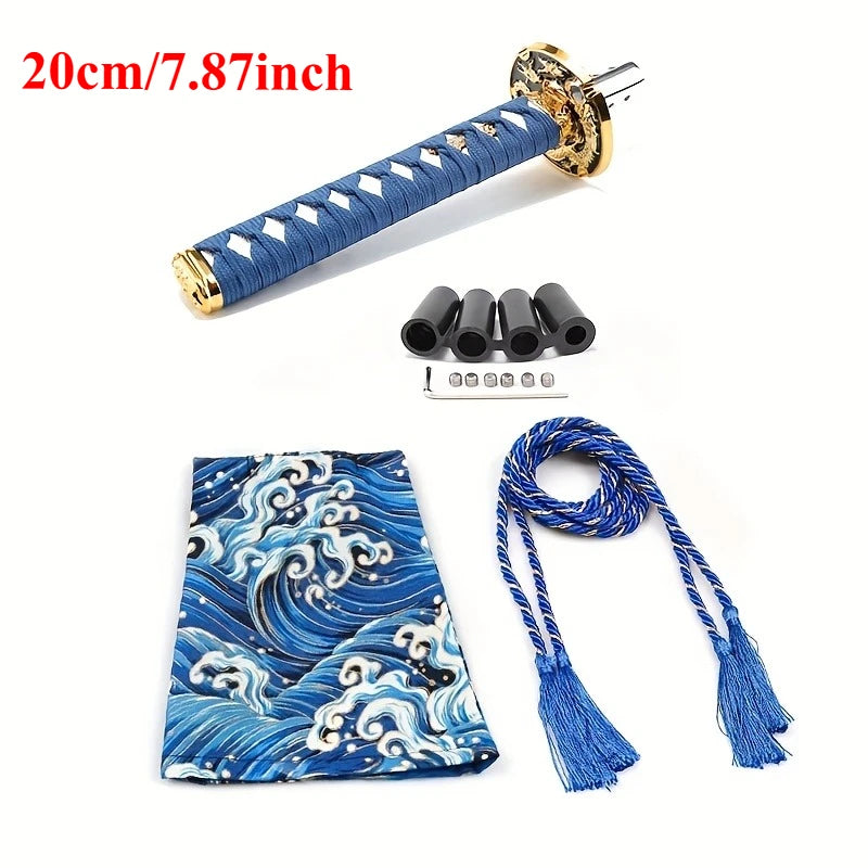 Samurai katana style manual shift knob with wrapped black and red grip installed in a car interior