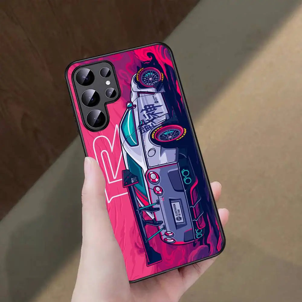 JDM-inspired sports car phone cases featuring colorful blue and pink racing artwork