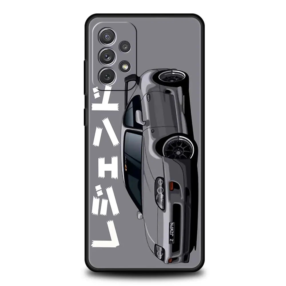 Black JDM phone case with silver Japanese sports car artwork