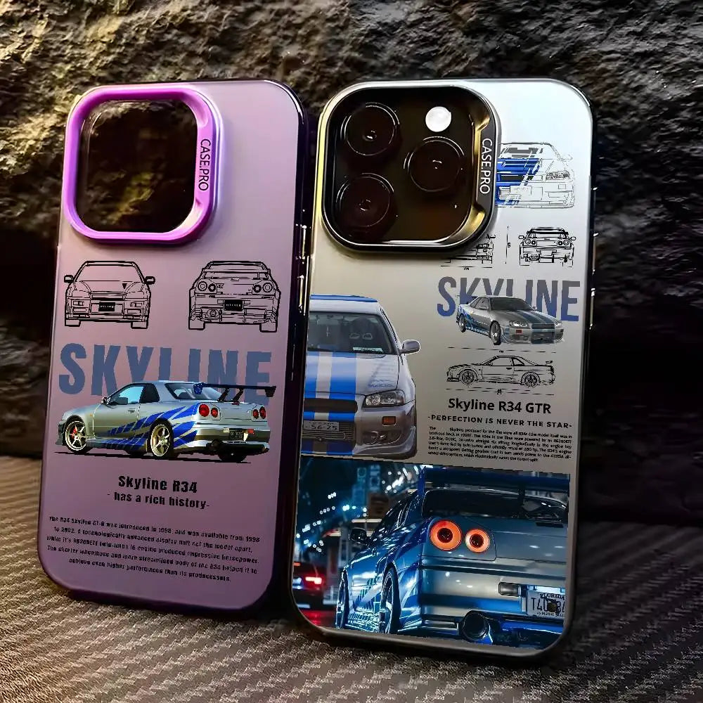 Nissan Skyline R34 phone cases featuring blue and purple JDM car artwork, technical illustrations, and automotive photography
