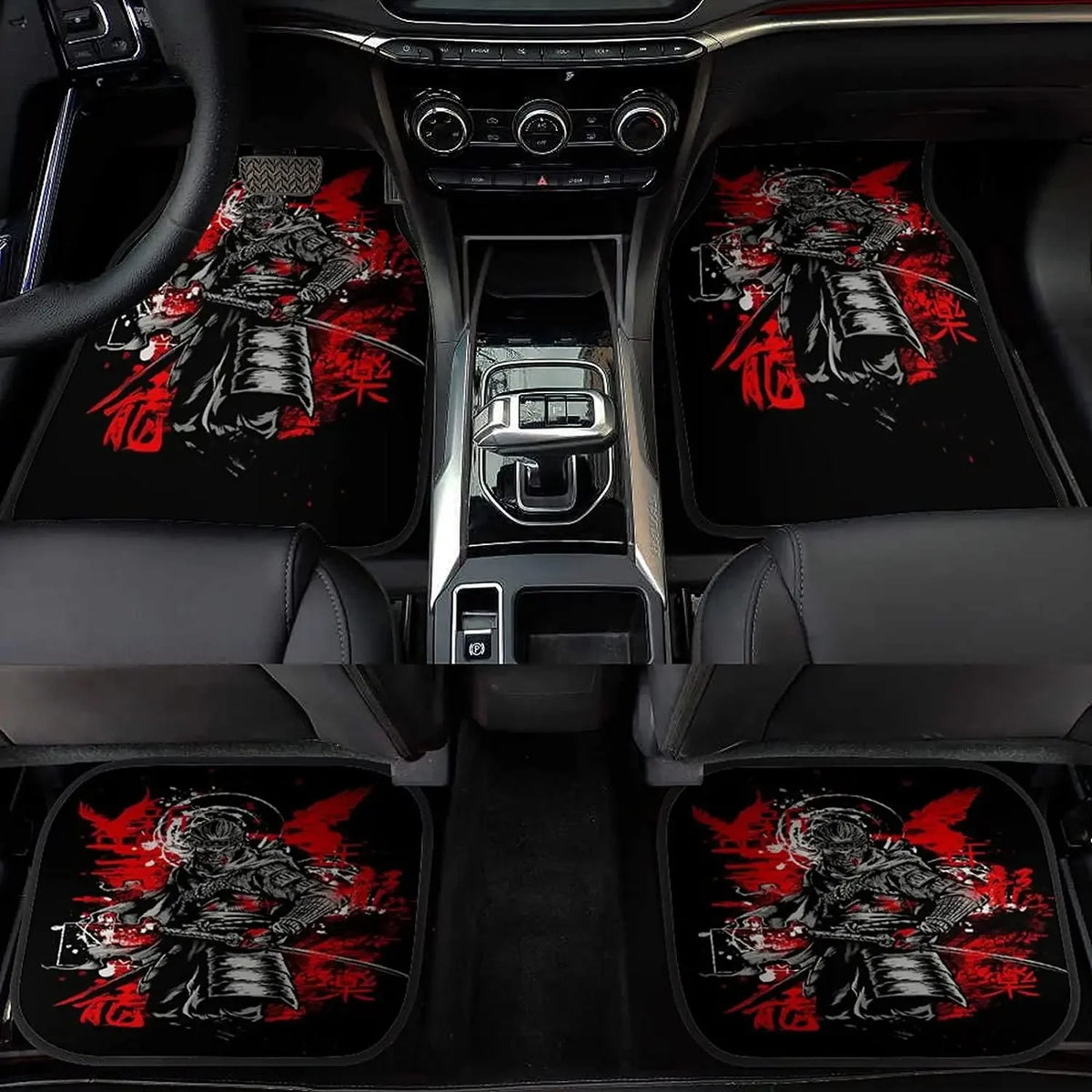 Black car floor mats featuring a bold red and white Japanese samurai warrior design, front and rear set